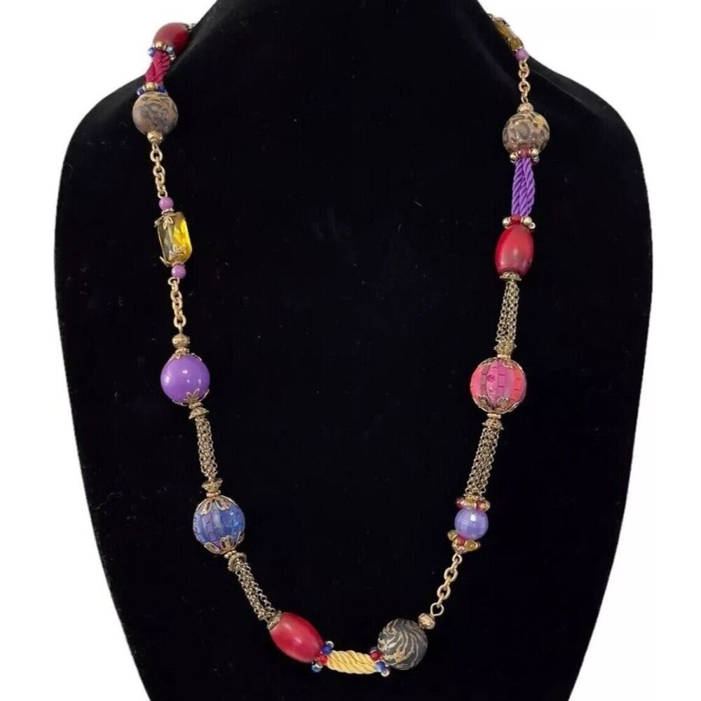 Eclectic Multicolor Boho Statement Necklace Chunky Wood Beads Ethnic Rhinestones